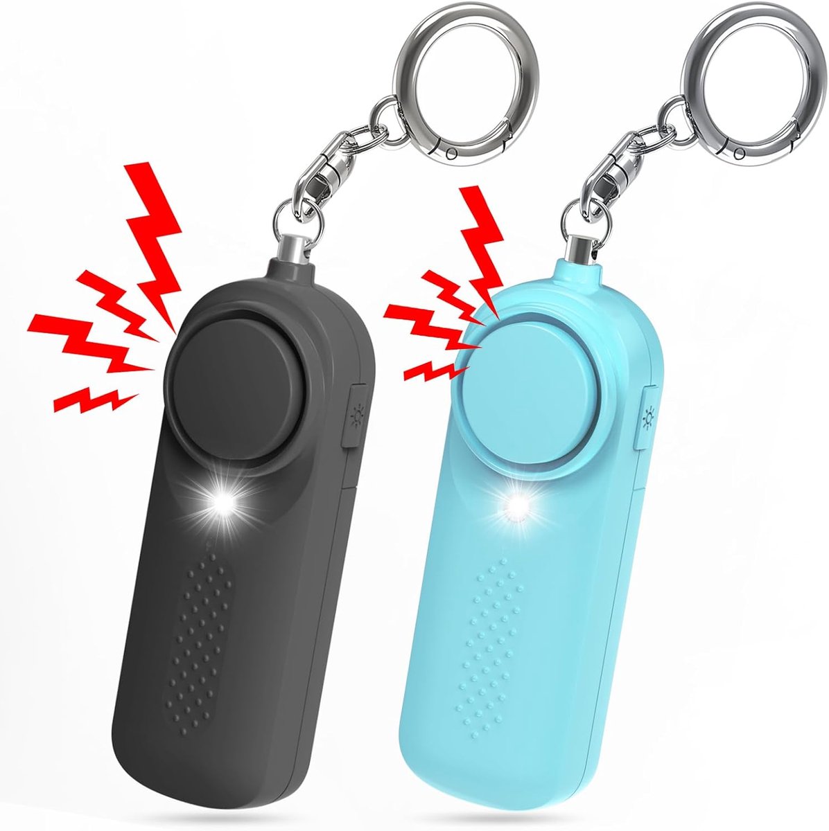 Pack of 2 personal alarms - Keychain - SOS button - 130 dB emergency signal - Personal safety alarm - Keychain with LED light for children, women and the elderly (black + blue)