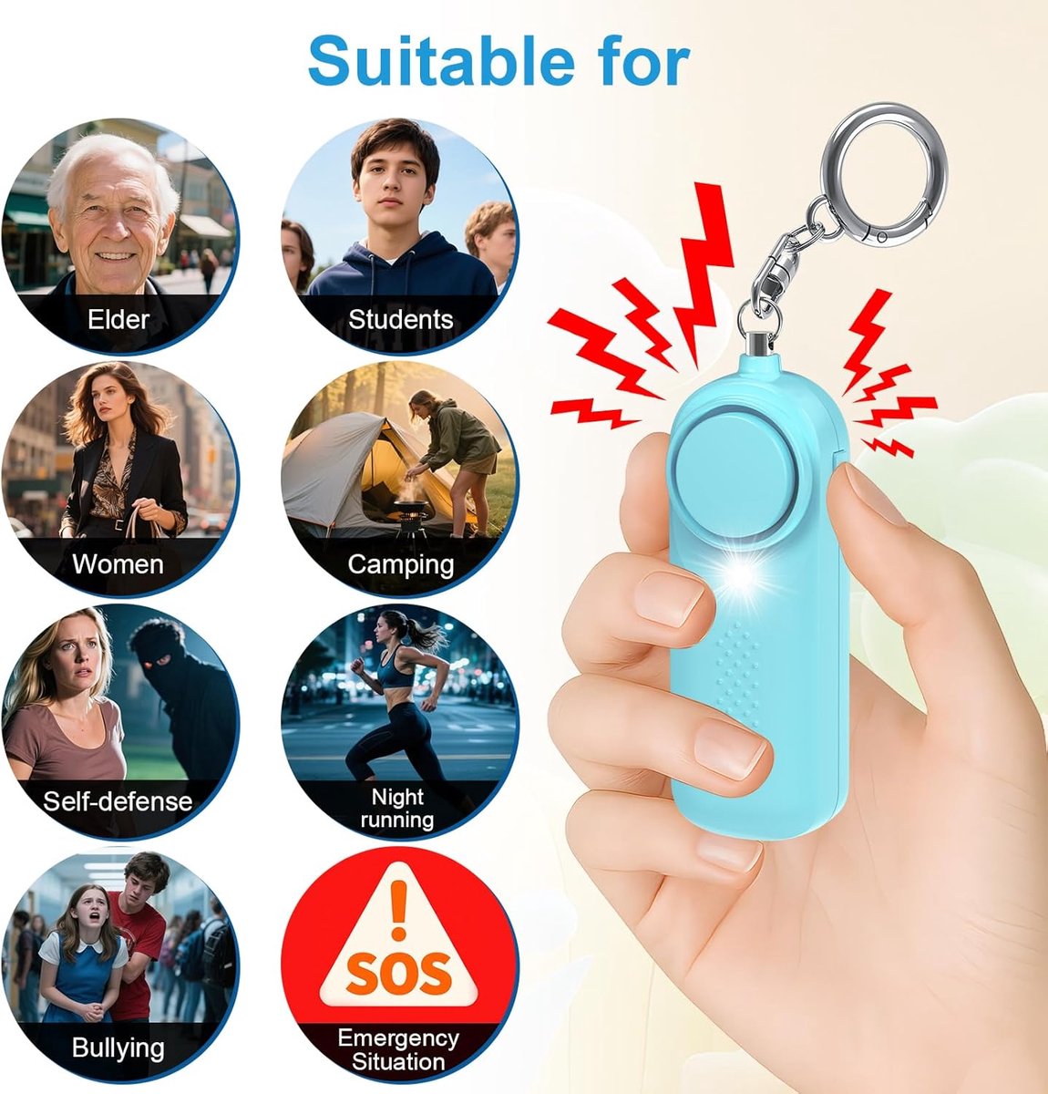Pack of 2 personal alarms - Keychain - SOS button - 130 dB emergency signal - Personal safety alarm - Keychain with LED light for children, women and the elderly (black + blue)