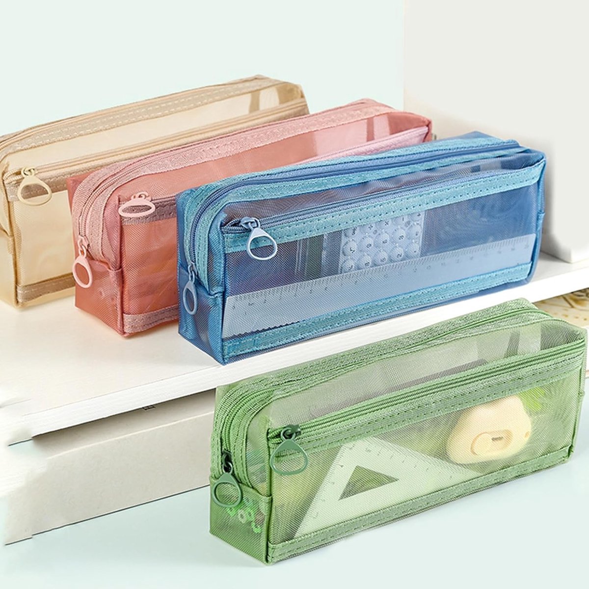 Double-layer mesh pencil case, large capacity pencil case, transparent pencil case for students, green