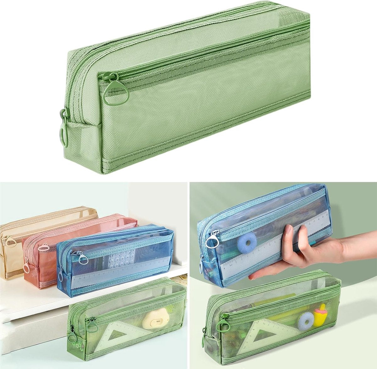 Double-layer mesh pencil case, large capacity pencil case, transparent pencil case for students, green