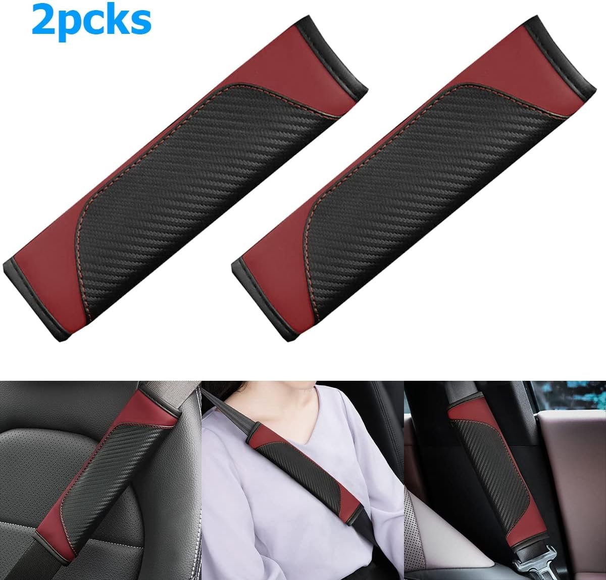 2 shoulder protectors for car seat belts - Seat belt protectors for children and adults - Universal soft seat belt protectors for car seat belts - (wine red)