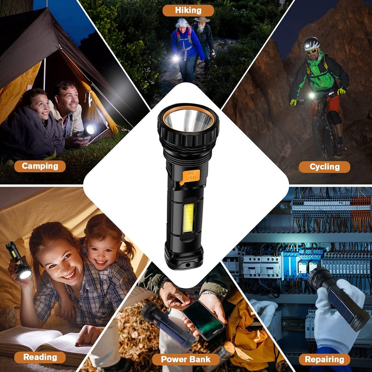 Solar Flashlight - Solar LED Flashlight - USB Rechargeable Solar Flashlight - Emergency Flashlight - 1200 mAh LED Flashlight with 3 Modes - Waterproof LED Flashlight Ideal for Outdoor Fishing Emergencies