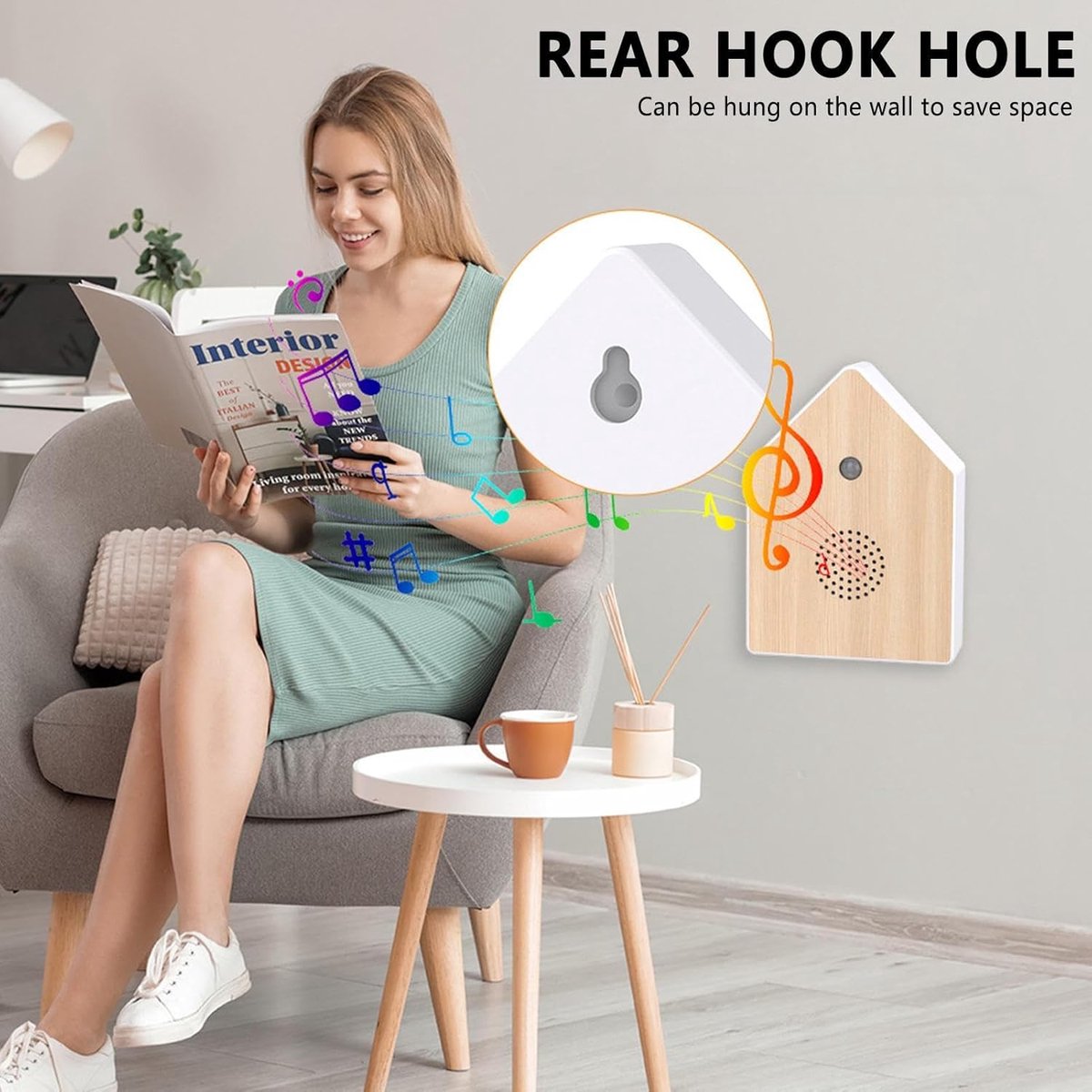 Motion detectors with nature sounds - Wall-mounted housing - Nature sounds - Birdsong - Songs - Suitable for hallways, bathrooms, guest rooms, toilets, and relaxation areas - Solid wood panels