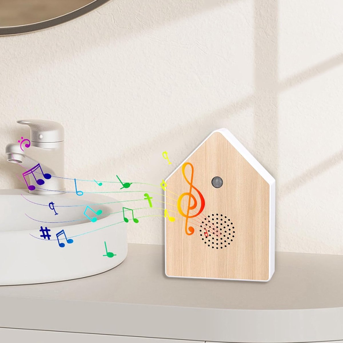 Motion detectors with nature sounds - Wall-mounted housing - Nature sounds - Birdsong - Songs - Suitable for hallways, bathrooms, guest rooms, toilets, and relaxation areas - Solid wood panels
