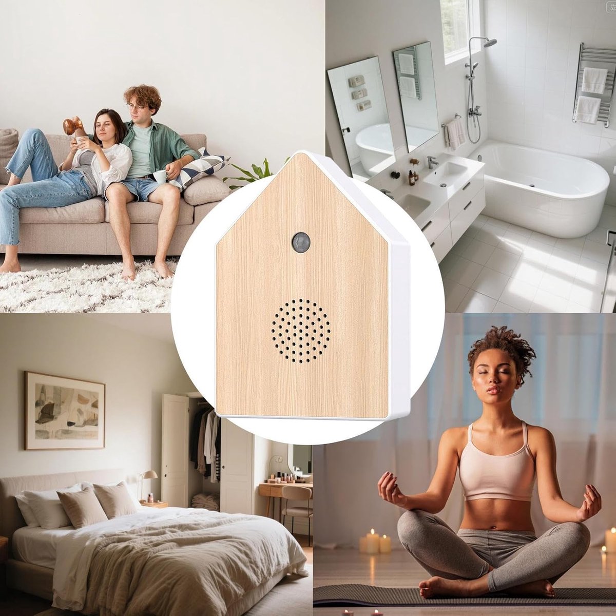 Motion detectors with nature sounds - Wall-mounted housing - Nature sounds - Birdsong - Songs - Suitable for hallways, bathrooms, guest rooms, toilets, and relaxation areas - Solid wood panels