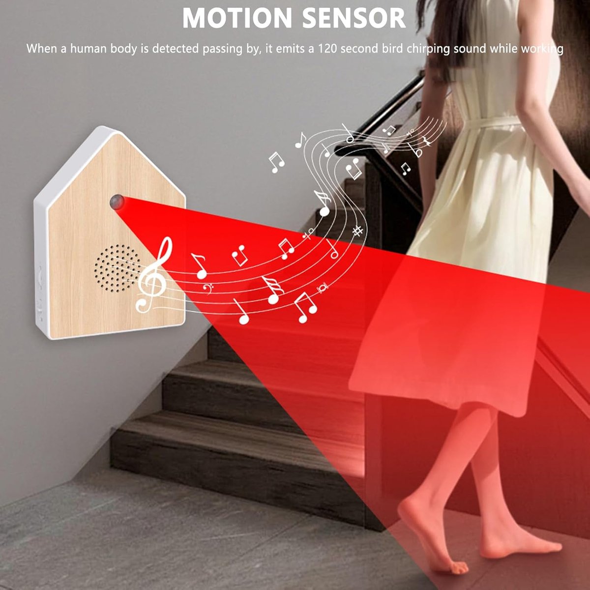 Motion detectors with nature sounds - Wall-mounted housing - Nature sounds - Birdsong - Songs - Suitable for hallways, bathrooms, guest rooms, toilets, and relaxation areas - Solid wood panels
