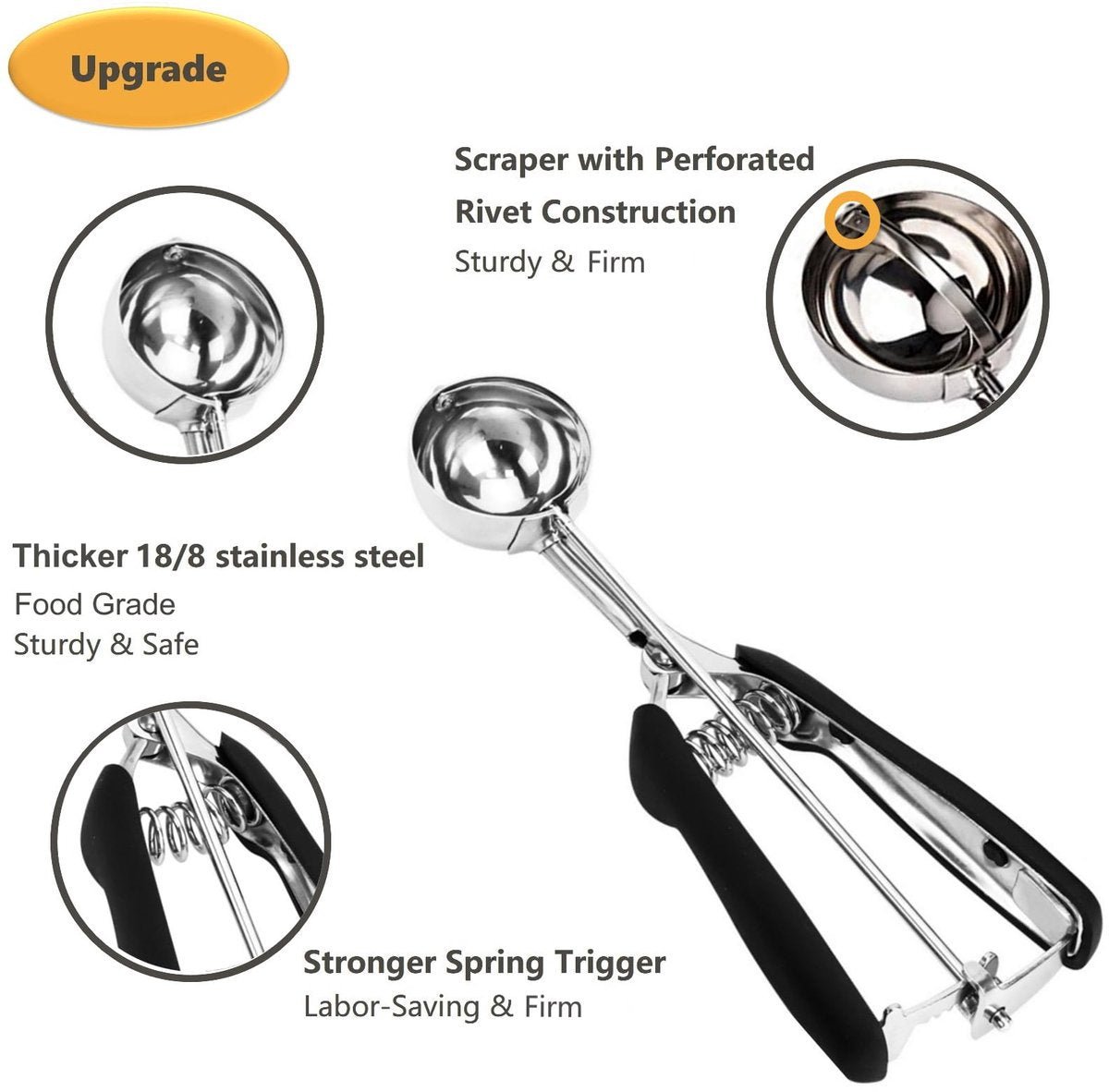 3-Piece Ice Cream Scoop Set - Stainless Steel Ice Cream Scoop - Ball Scoop - With Non-Slip Handle - For Fruit, Cookies, and Frozen Sorbets - Black