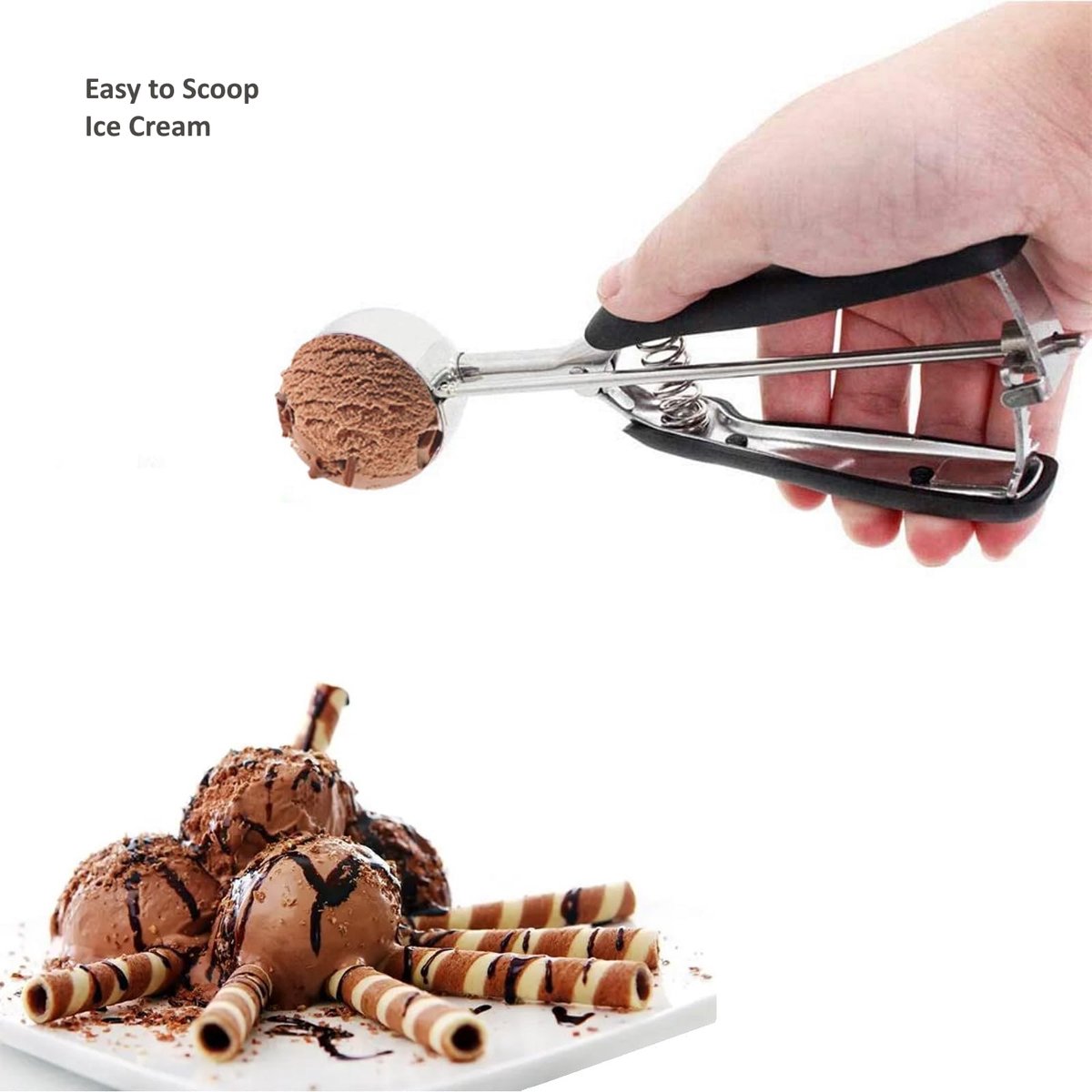 3-Piece Ice Cream Scoop Set - Stainless Steel Ice Cream Scoop - Ball Scoop - With Non-Slip Handle - For Fruit, Cookies, and Frozen Sorbets - Black