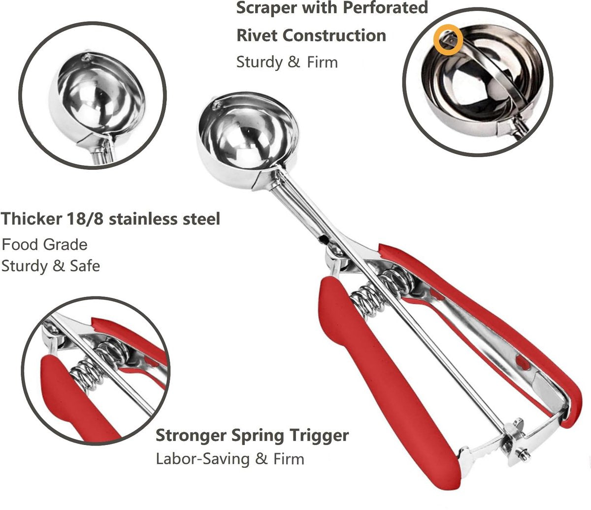Ice Cream Scoop - Stainless Steel Ice Cream Scoop - Ball-Shaped Scoop - With Non-Slip Handle - For Fruit, Cookies, and Frozen Sorbets - Red
