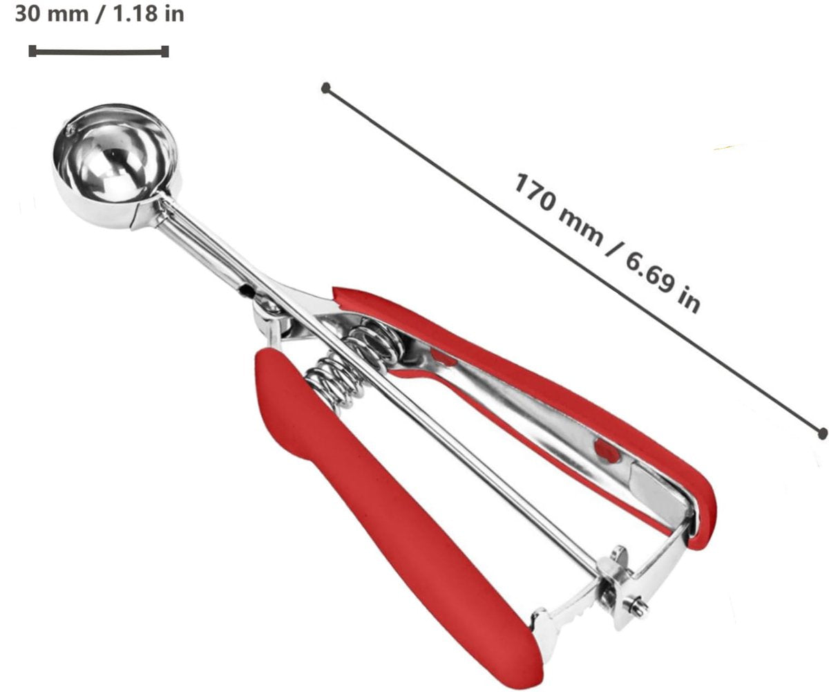 Ice Cream Scoop - Stainless Steel Ice Cream Scoop - Ball-Shaped Scoop - With Non-Slip Handle - For Fruit, Cookies, and Frozen Sorbets - Red