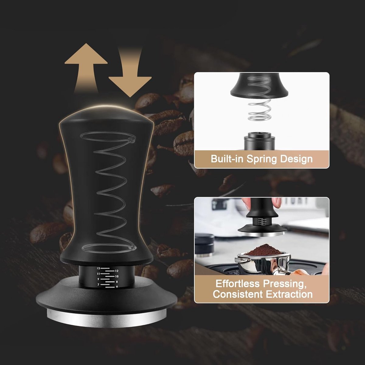Tamper - Coffee tamper - Espresso tamper - 51 mm espresso tamper - Aluminum and stainless steel espresso tamper - Ergonomic self-leveling tamper - For baristas - Black
