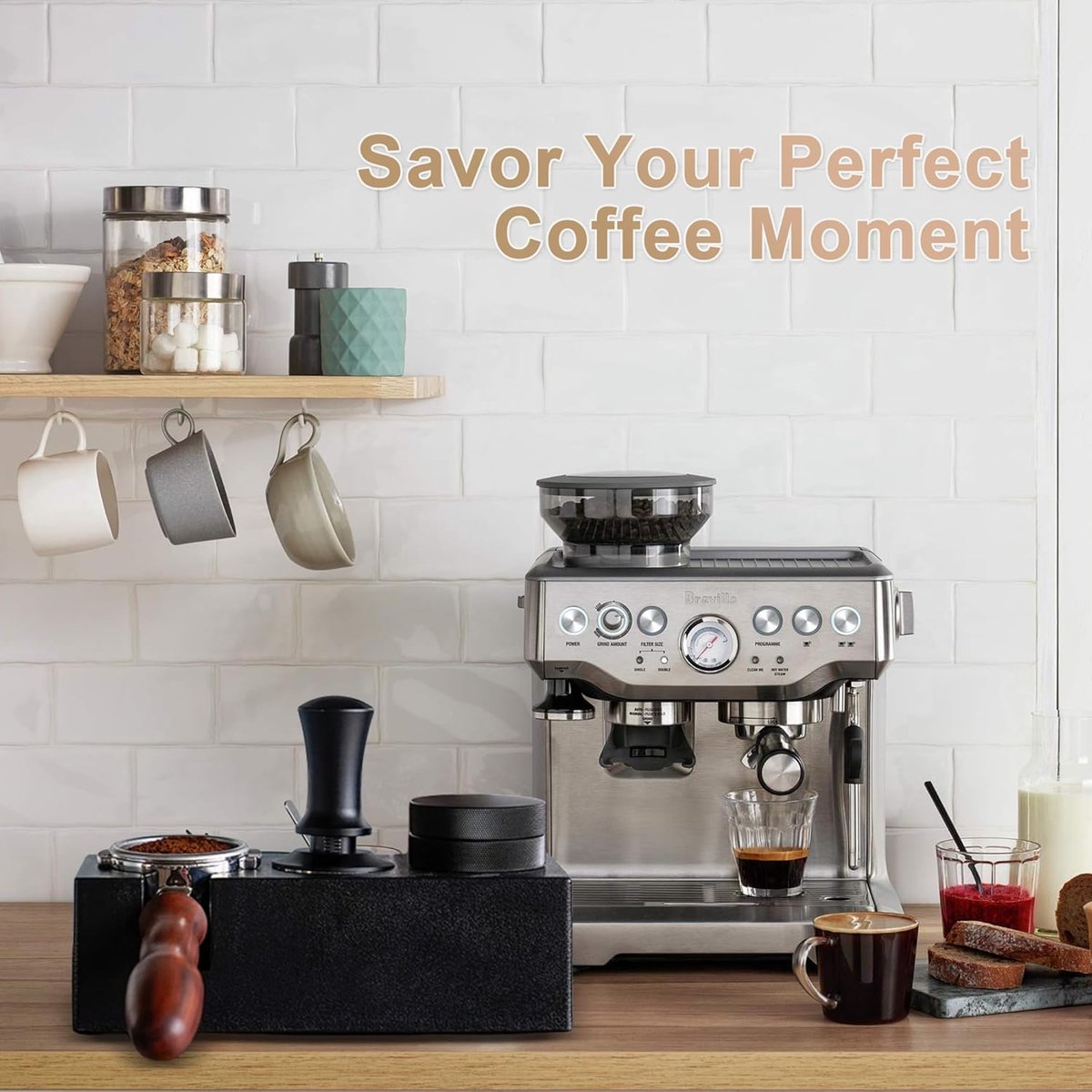 Tamper - Coffee tamper - Espresso tamper - 51 mm espresso tamper - Aluminum and stainless steel espresso tamper - Ergonomic self-leveling tamper - For baristas - Black