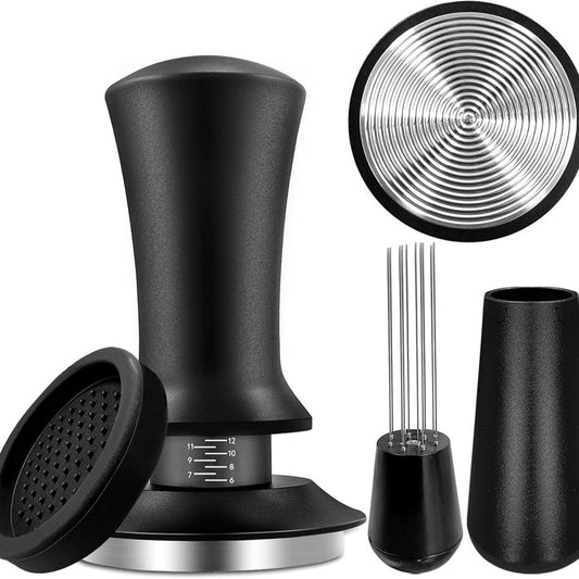 Tamper - Coffee tamper - Espresso tamper - 58 mm espresso tamper - Aluminum and stainless steel espresso tamper - Ergonomic self-leveling tamper - For baristas - Black