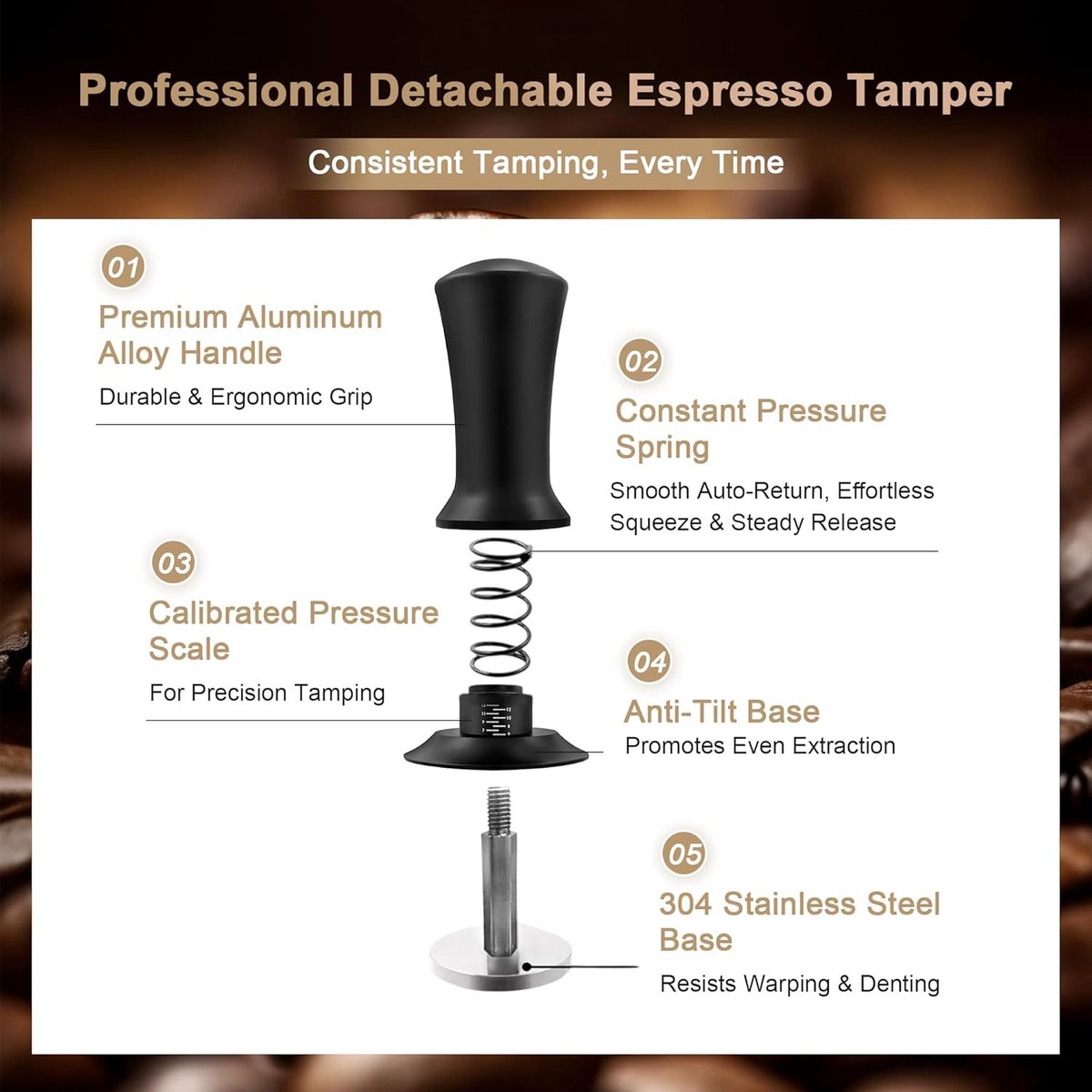 Tamper - Coffee tamper - Espresso tamper - 58 mm espresso tamper - Aluminum and stainless steel espresso tamper - Ergonomic self-leveling tamper - For baristas - Black