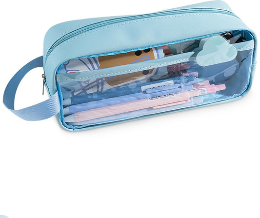 Transparent pencil case - Blue - Groot - 21 x 9 x 7 cm - For School, Boys, Girls and Adults - Pencil Case