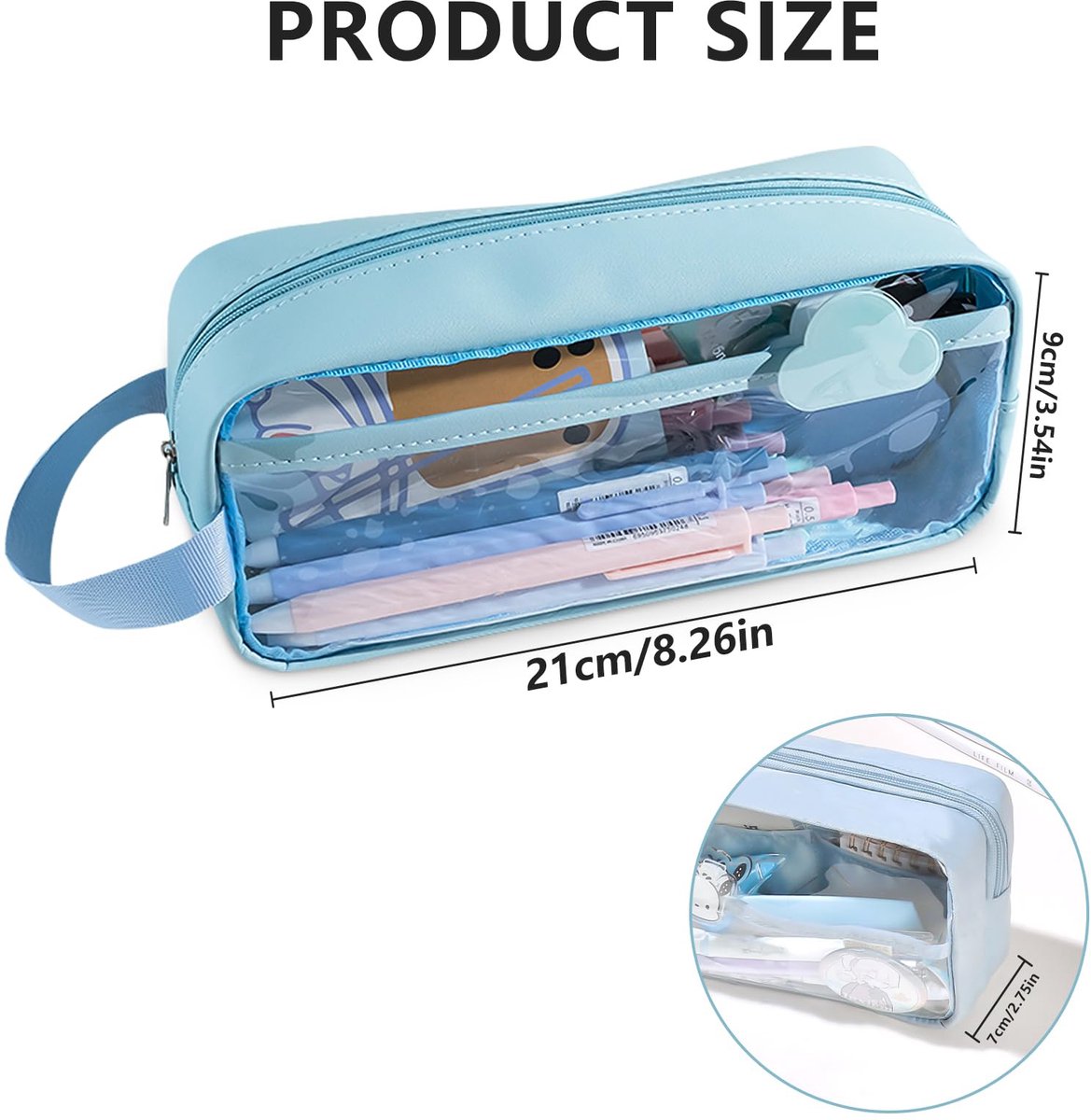 Transparent pencil case - Blue - Groot - 21 x 9 x 7 cm - For School, Boys, Girls and Adults - Pencil Case