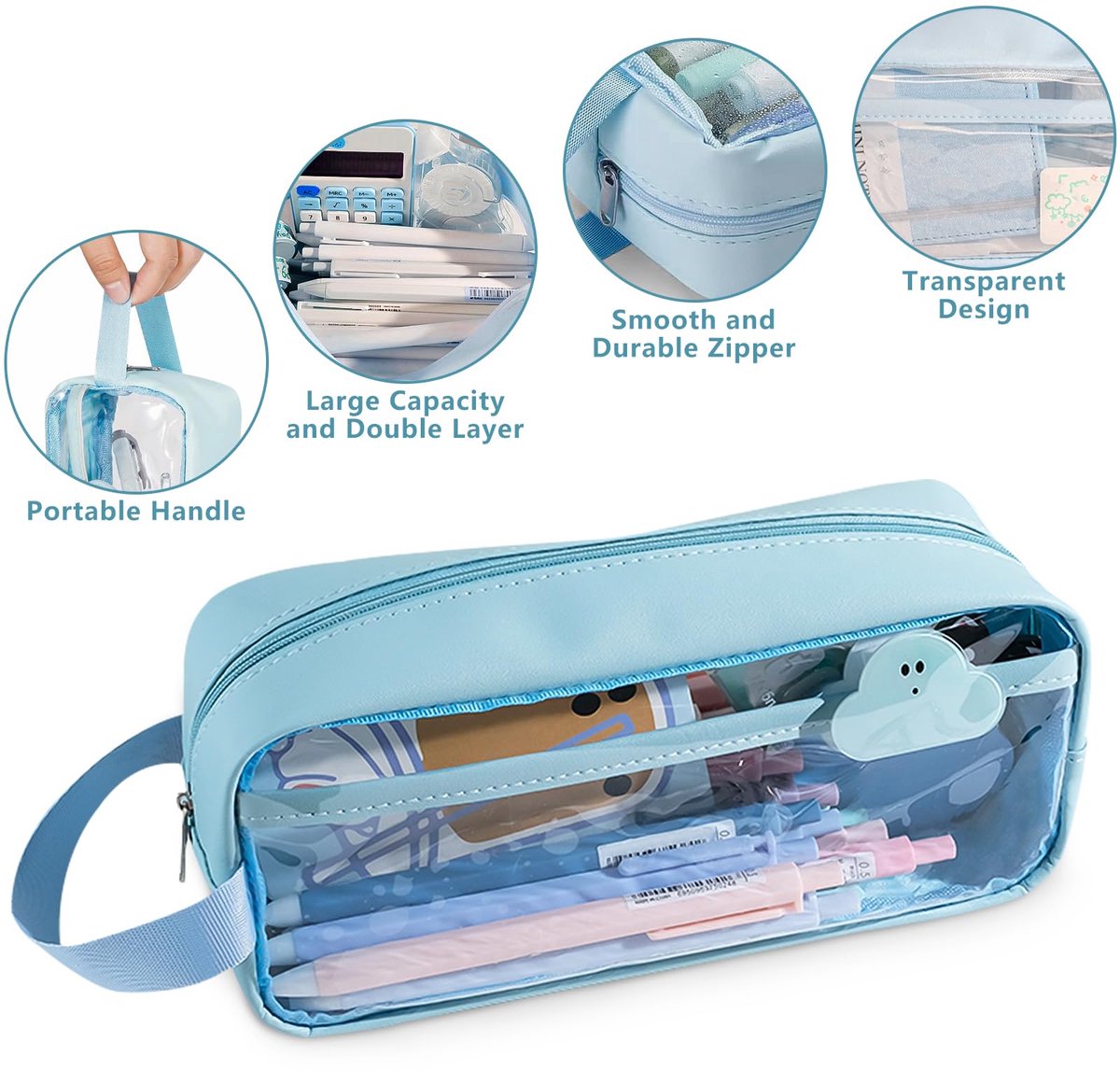 Transparent pencil case - Blue - Groot - 21 x 9 x 7 cm - For School, Boys, Girls and Adults - Pencil Case