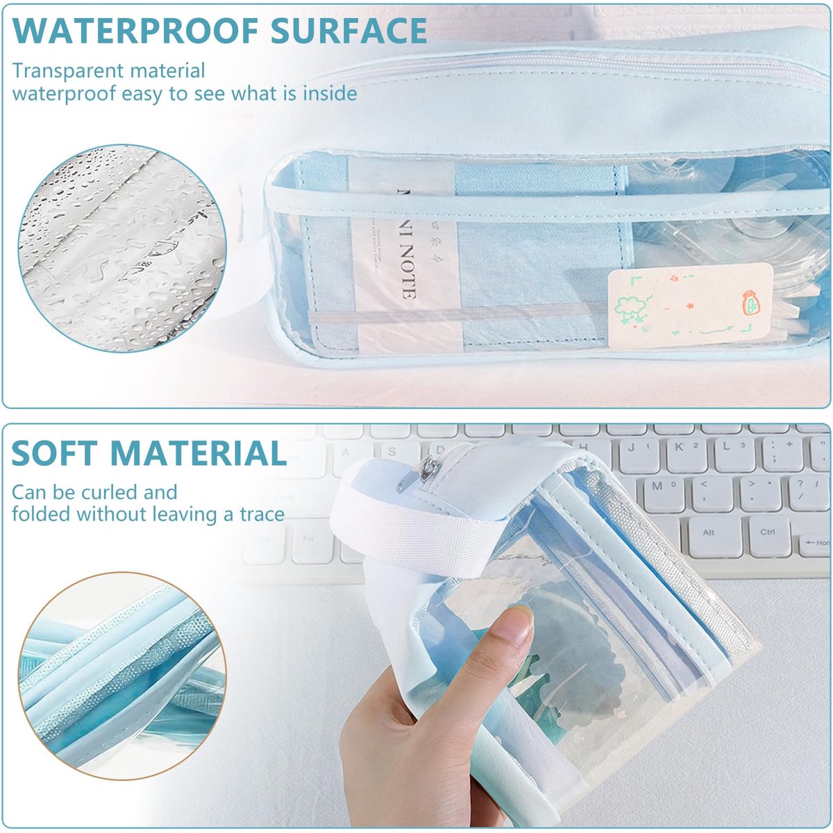 Transparent pencil case - Blue - Groot - 21 x 9 x 7 cm - For School, Boys, Girls and Adults - Pencil Case