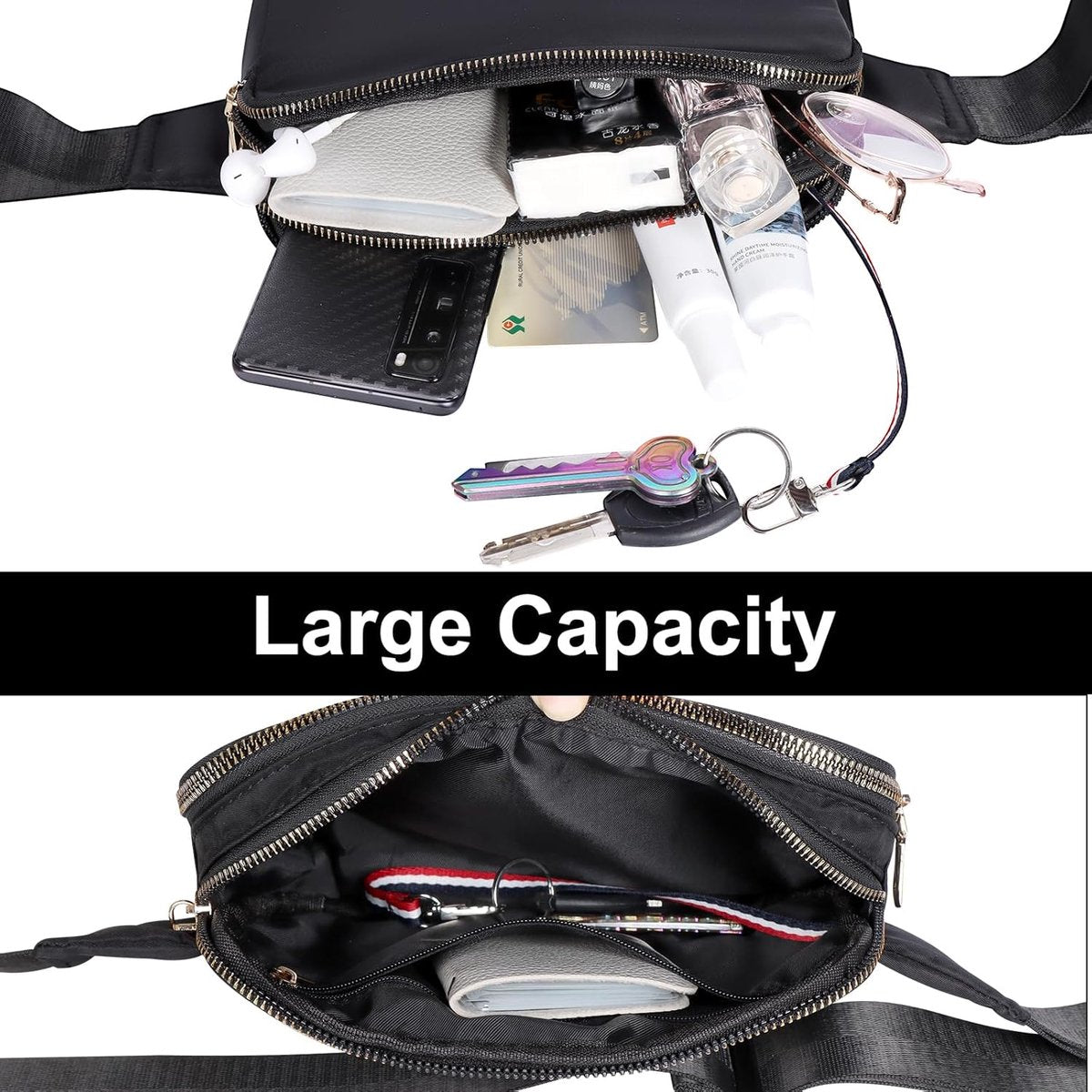 Fanny pack - Women's fanny pack - Men's fanny pack - Fanny packs for men and women - Black City fanny pack with two pockets - Suitable for outdoor activities, fitness, shopping, running, walking, travel, cycling