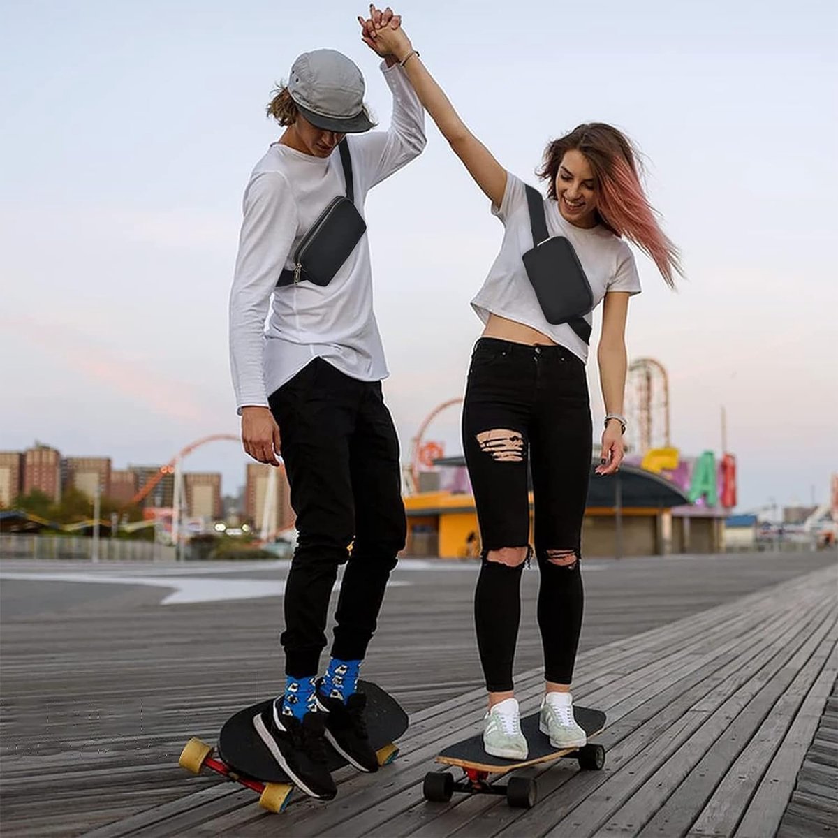 Fanny pack - Women's fanny pack - Men's fanny pack - Fanny packs for men and women - Black City fanny pack with two pockets - Suitable for outdoor activities, fitness, shopping, running, walking, travel, cycling