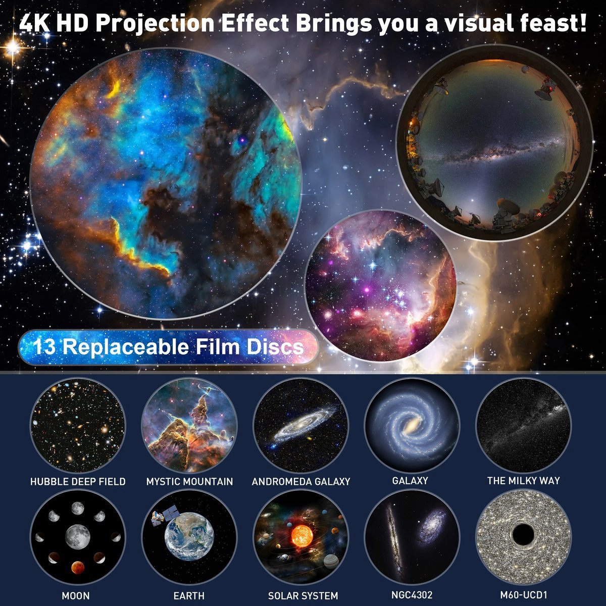 360° Starry Sky Night Projector with Solar System, Moon, Nebula, Galaxy, and Astronaut - Projector for Children and Adults - Mood Light - Bedroom Mood Light - Star Projector - Galaxy Projector - Starry Sky - White