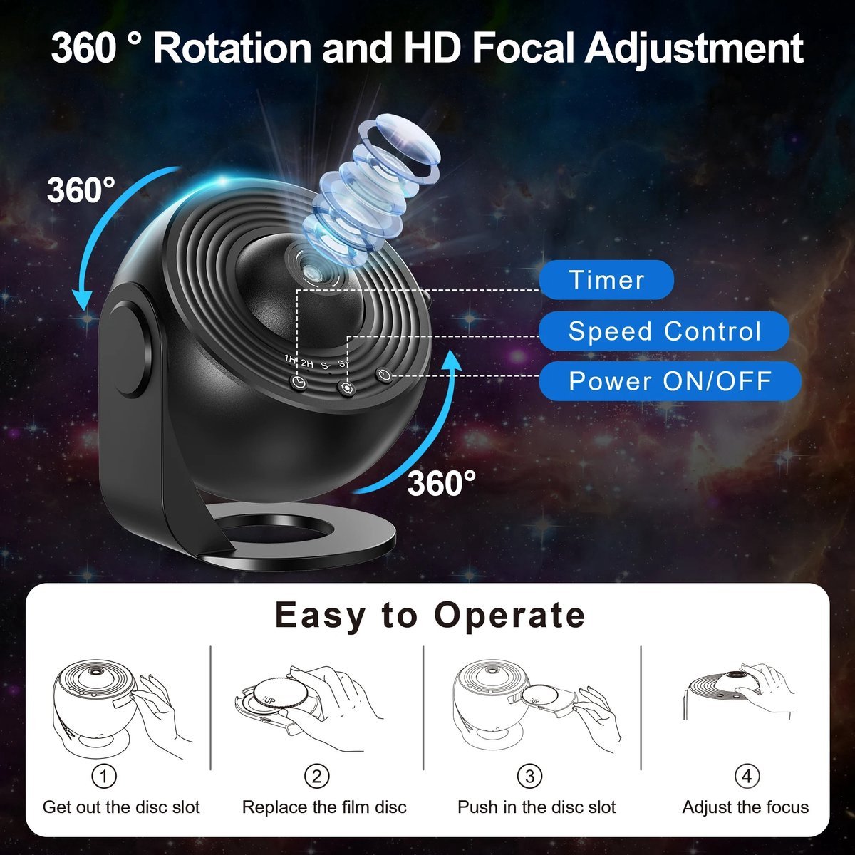 360° Starry Sky Night Projector with Solar System, Moon, Nebula, Galaxy, and Astronaut - Projector for Children and Adults - Mood Light - Bedroom Mood Light - Star Projector - Galaxy Projector - Starry Sky - White