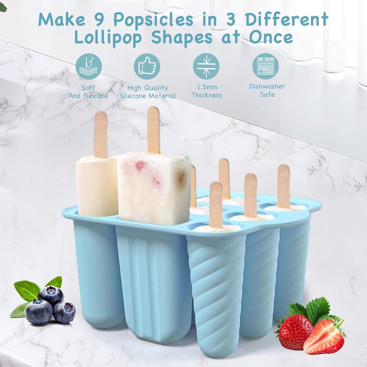 9-Cavity Ice Cream Mold - Silicone Ice Cream Mold - Ice Cream Mold - Reusable Ice Cream Mold - Easy to Disassemble - BPA-Free Ice Cream Maker for Kids - Ice Cream Mold - DIY Ice Cream Mold - Blue