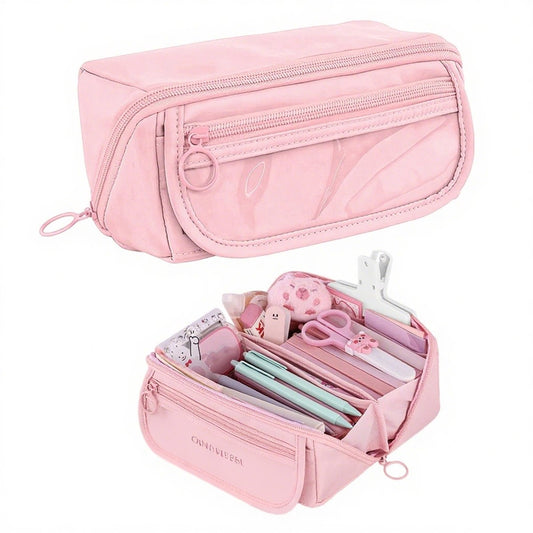 Pencil case - Pencil case for boys and girls - 20x8.5x8.5 cm - Canvas - Linen - Large capacity - School pencil case - pink