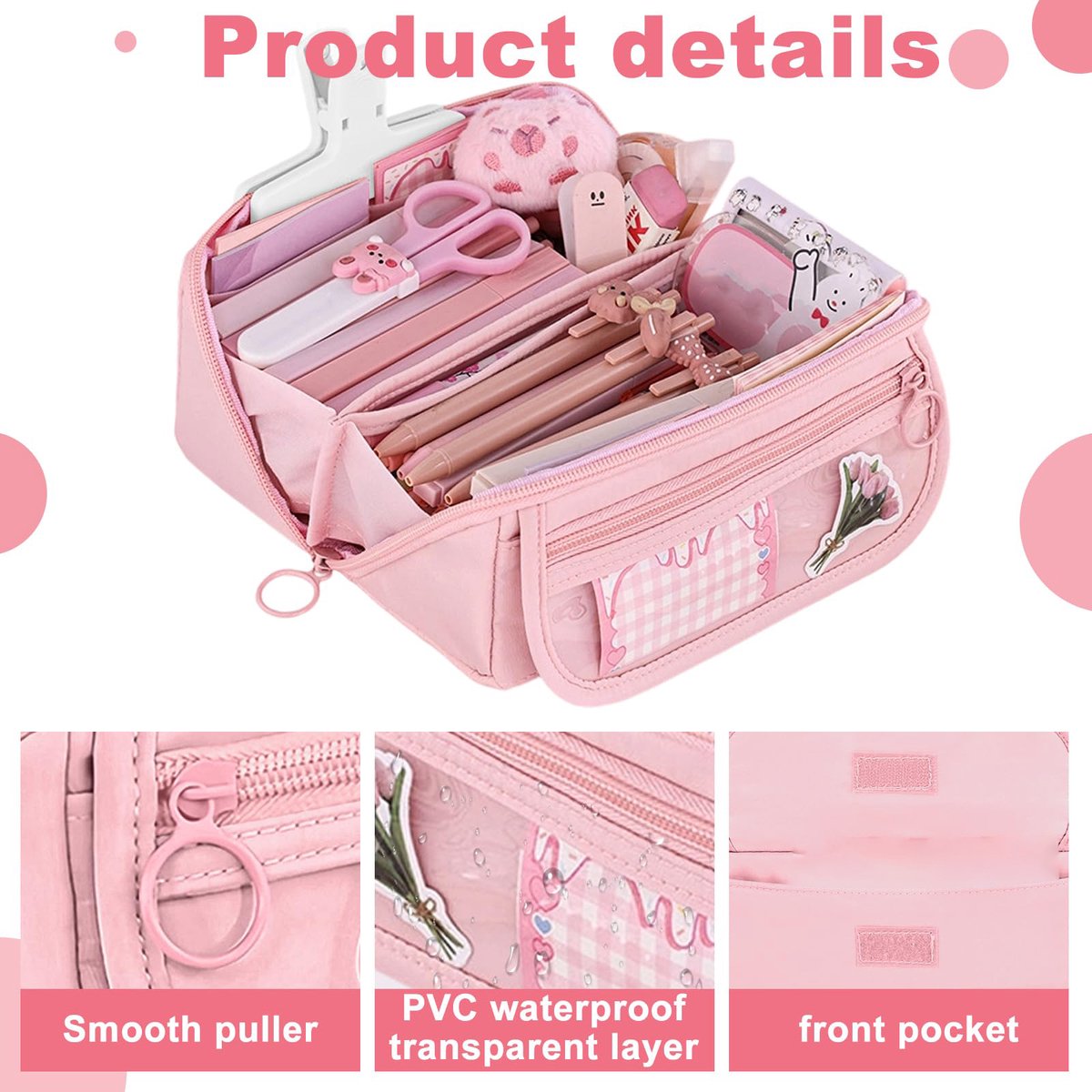 Pencil case - Pencil case for boys and girls - 20x8.5x8.5 cm - Canvas - Linen - Large capacity - School pencil case - pink