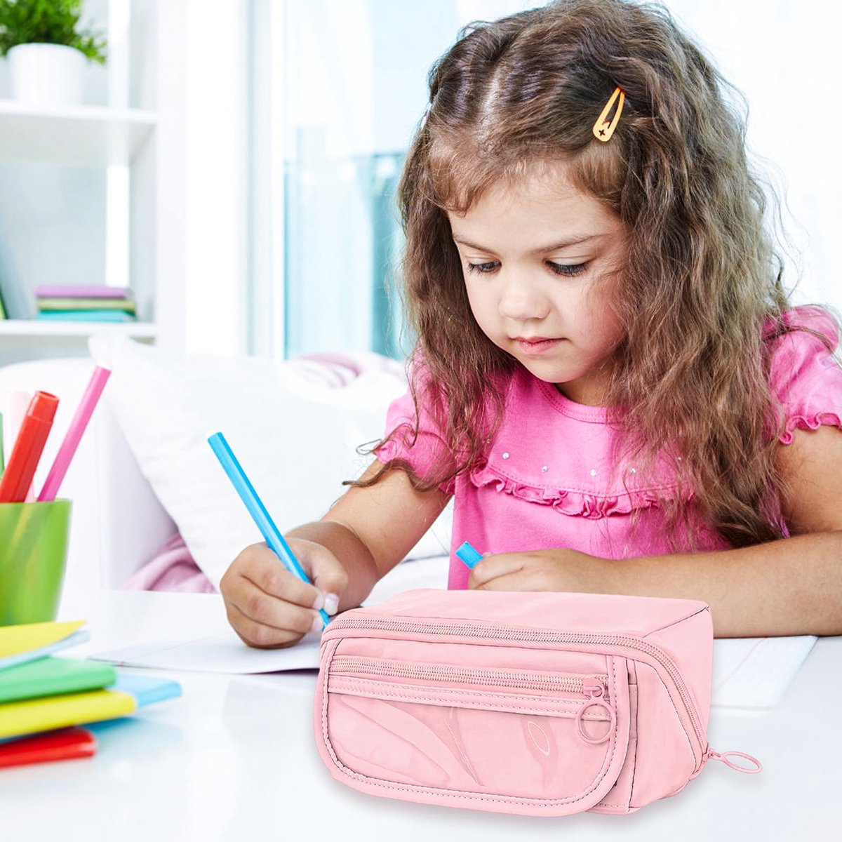Pencil case - Pencil case for boys and girls - 20x8.5x8.5 cm - Canvas - Linen - Large capacity - School pencil case - pink