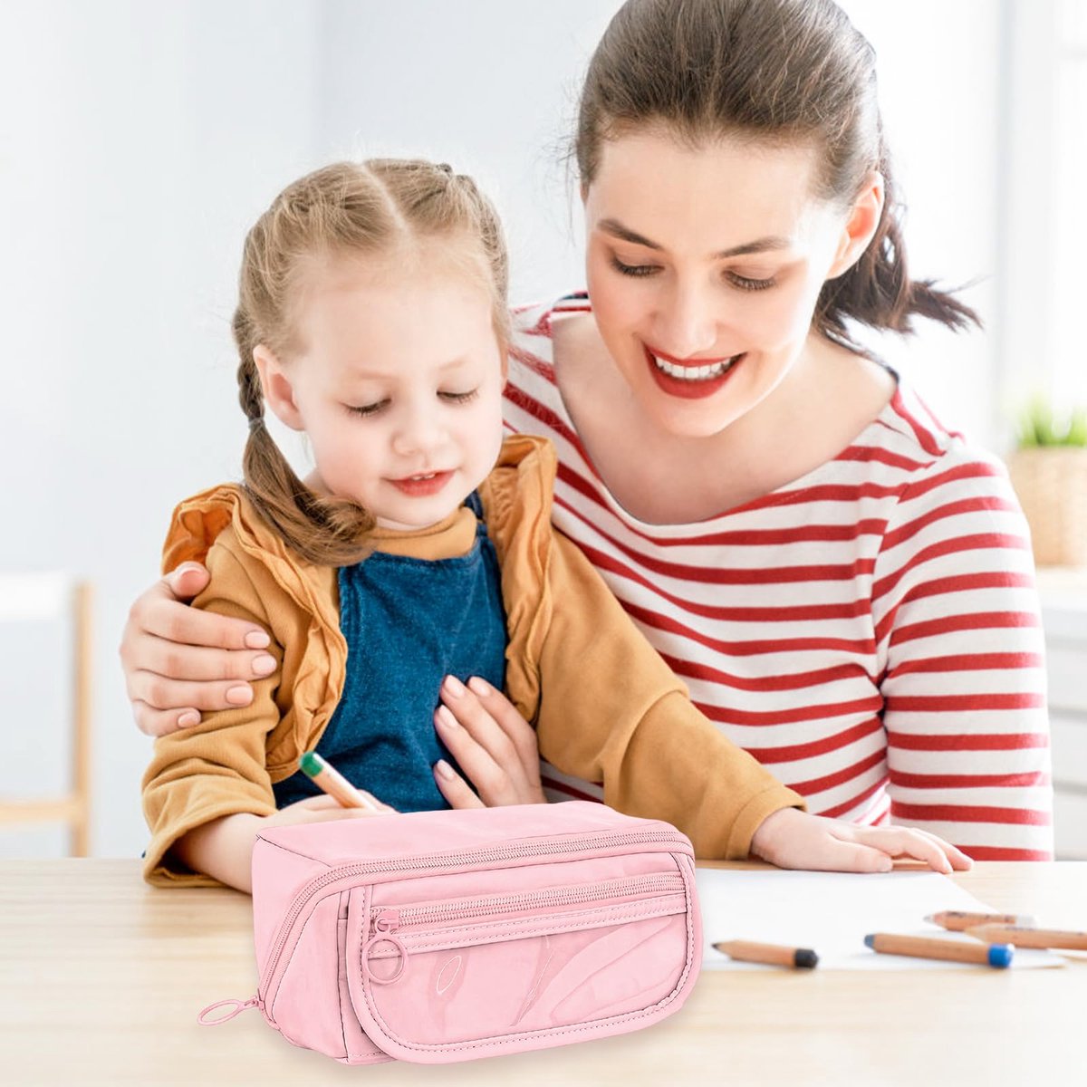 Pencil case - Pencil case for boys and girls - 20x8.5x8.5 cm - Canvas - Linen - Large capacity - School pencil case - pink