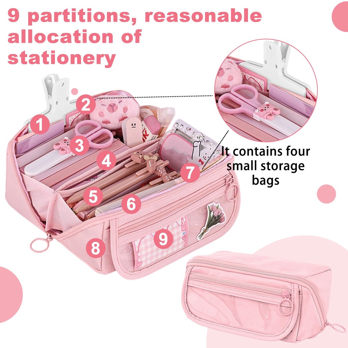 Pencil case - Pencil case for boys and girls - 20x8.5x8.5 cm - Canvas - Linen - Large capacity - School pencil case - pink