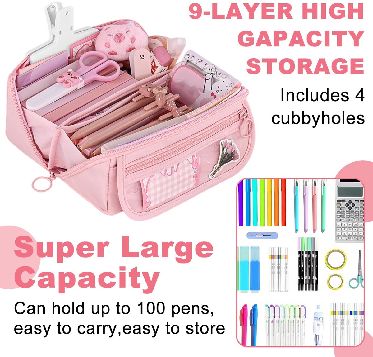 Pencil case - Pencil case for boys and girls - 20x8.5x8.5 cm - Canvas - Linen - Large capacity - School pencil case - pink