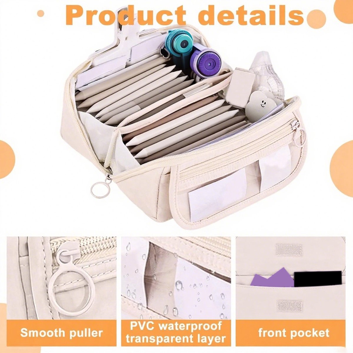 Pencil case - Pencil case for boys and girls - 20x8.5x8.5 cm - Canvas - Linen - Large capacity - School pencil case - Beige
