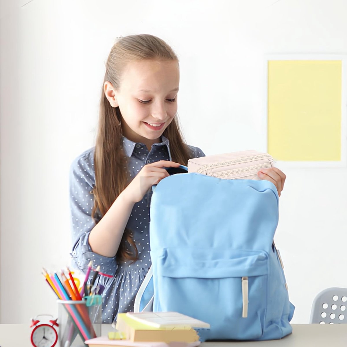 Pencil case - Pencil case for boys and girls - 20x8.5x8.5 cm - Canvas - Linen - Large capacity - School pencil case - Beige