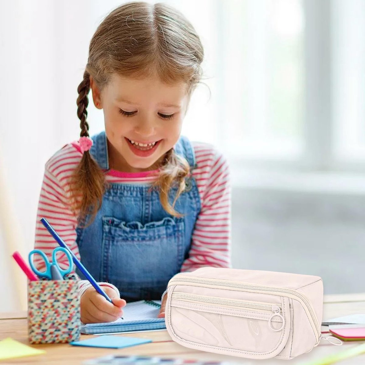 Pencil case - Pencil case for boys and girls - 20x8.5x8.5 cm - Canvas - Linen - Large capacity - School pencil case - Beige