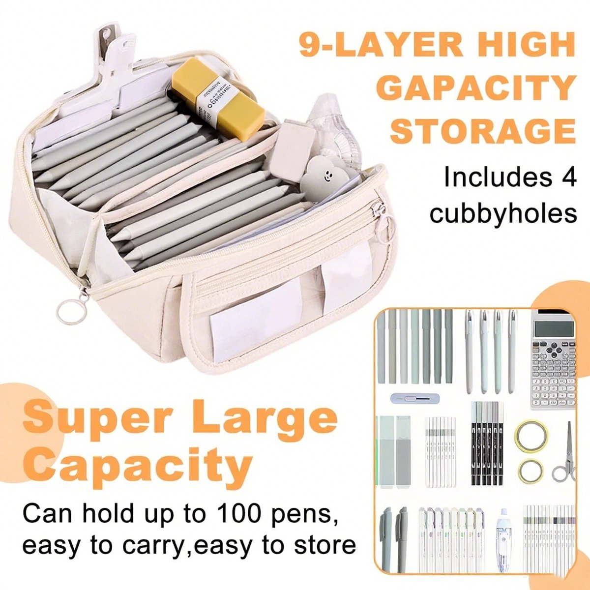 Pencil case - Pencil case for boys and girls - 20x8.5x8.5 cm - Canvas - Linen - Large capacity - School pencil case - Beige