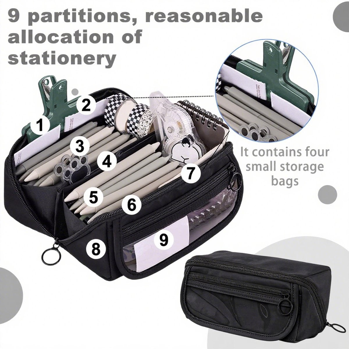 Pencil case - Pencil case for boys and girls - 20x8.5x8.5 cm - Canvas - Linen - Large capacity - School pencil case - black