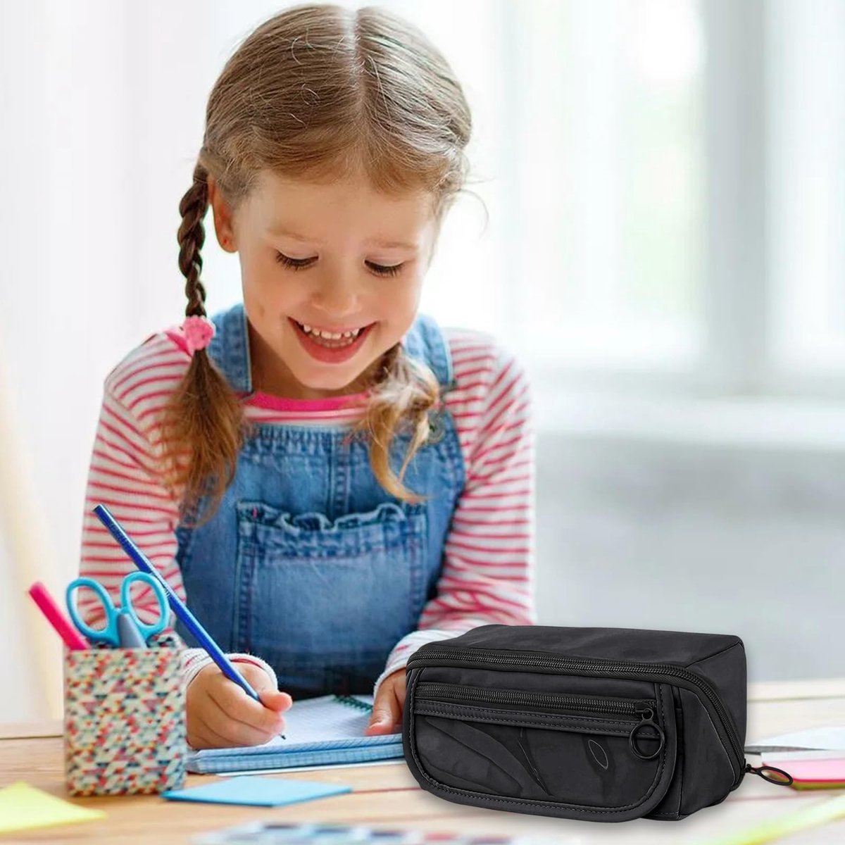 Pencil case - Pencil case for boys and girls - 20x8.5x8.5 cm - Canvas - Linen - Large capacity - School pencil case - black