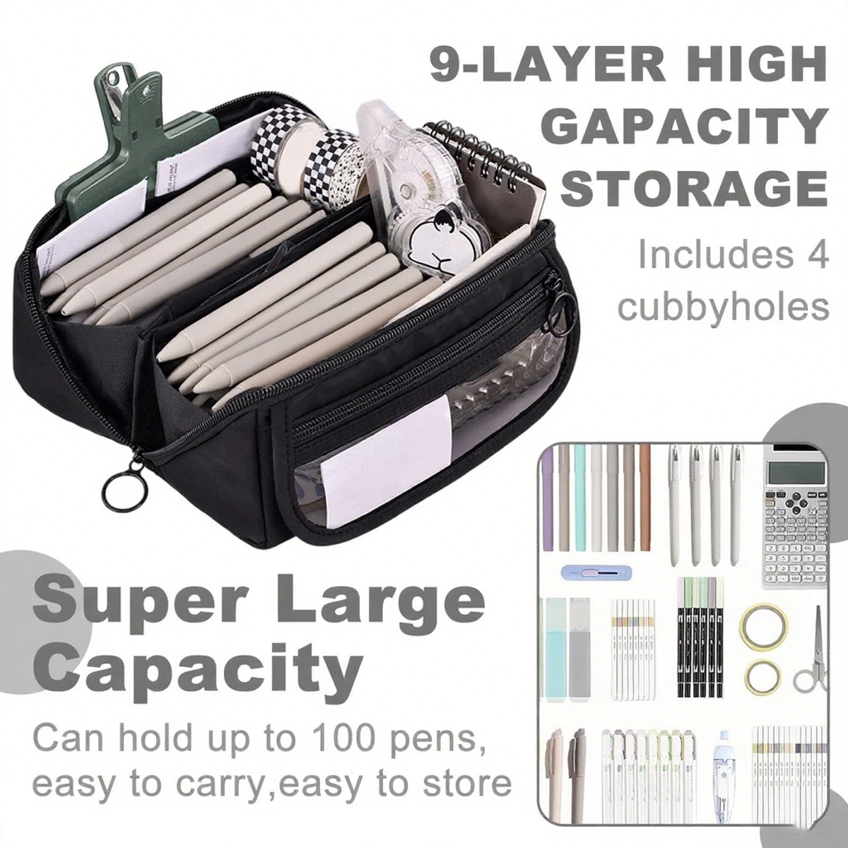 Pencil case - Pencil case for boys and girls - 20x8.5x8.5 cm - Canvas - Linen - Large capacity - School pencil case - black