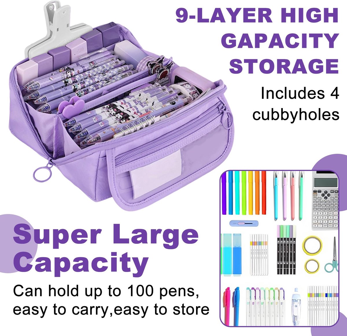 Pencil case - Pencil case for boys and girls - 20 x 8.5 x 8.5 cm - Canvas - Linen - Large capacity - School pencil case - Purple