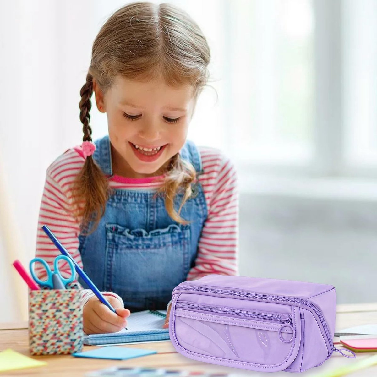 Pencil case - Pencil case for boys and girls - 20 x 8.5 x 8.5 cm - Canvas - Linen - Large capacity - School pencil case - Purple