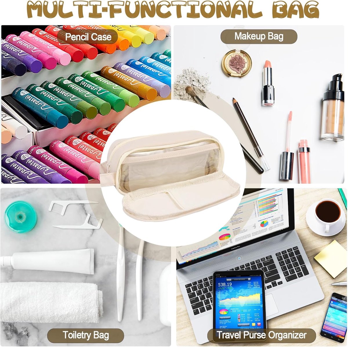 Pencil case - Large capacity - Suitable for boys and girls - Waterproof - Expandable - Toiletry bag - Cosmetic and office supply bag - Off-white