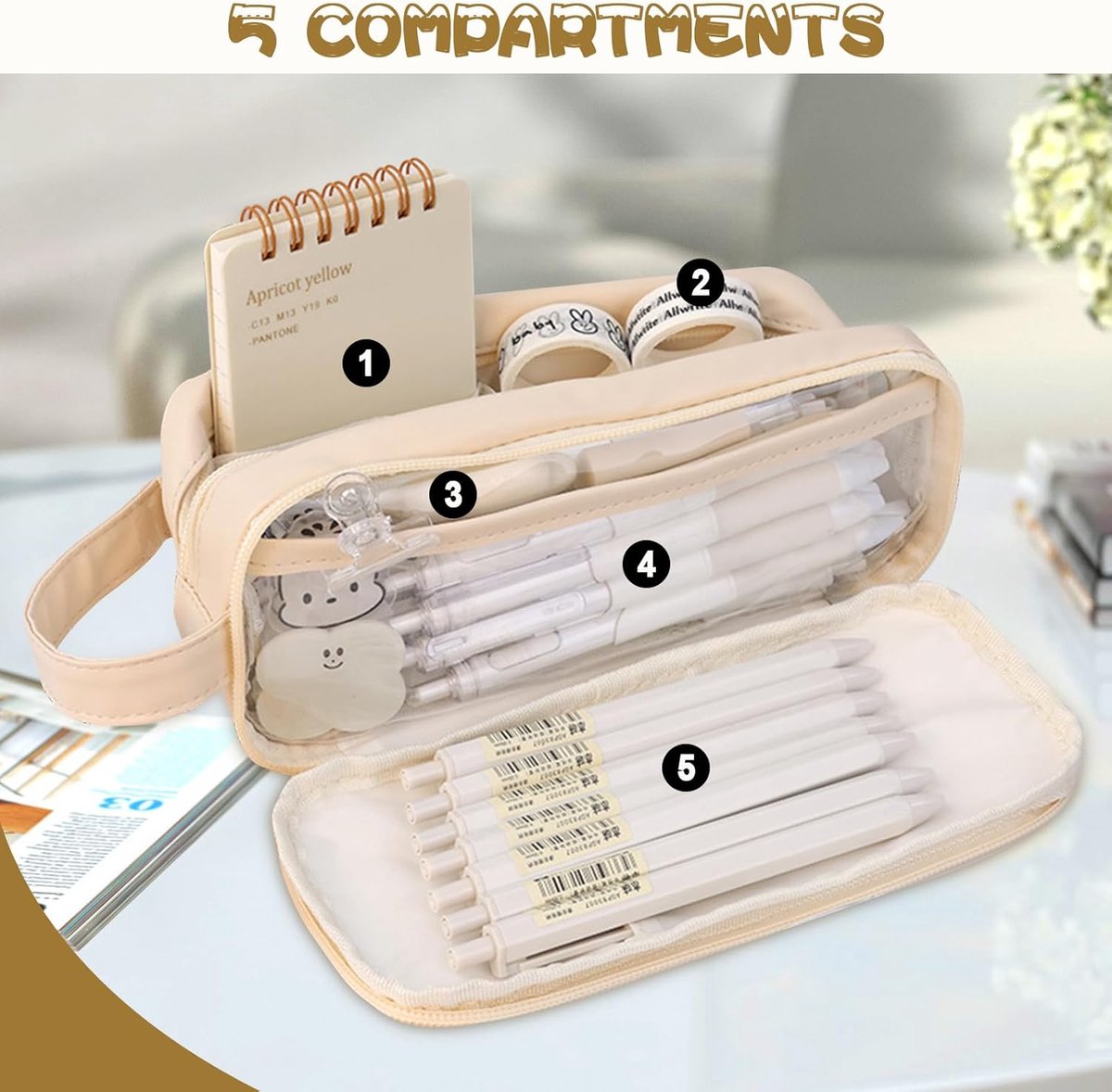 Pencil case - Large capacity - Suitable for boys and girls - Waterproof - Expandable - Toiletry bag - Cosmetic and office supply bag - Off-white