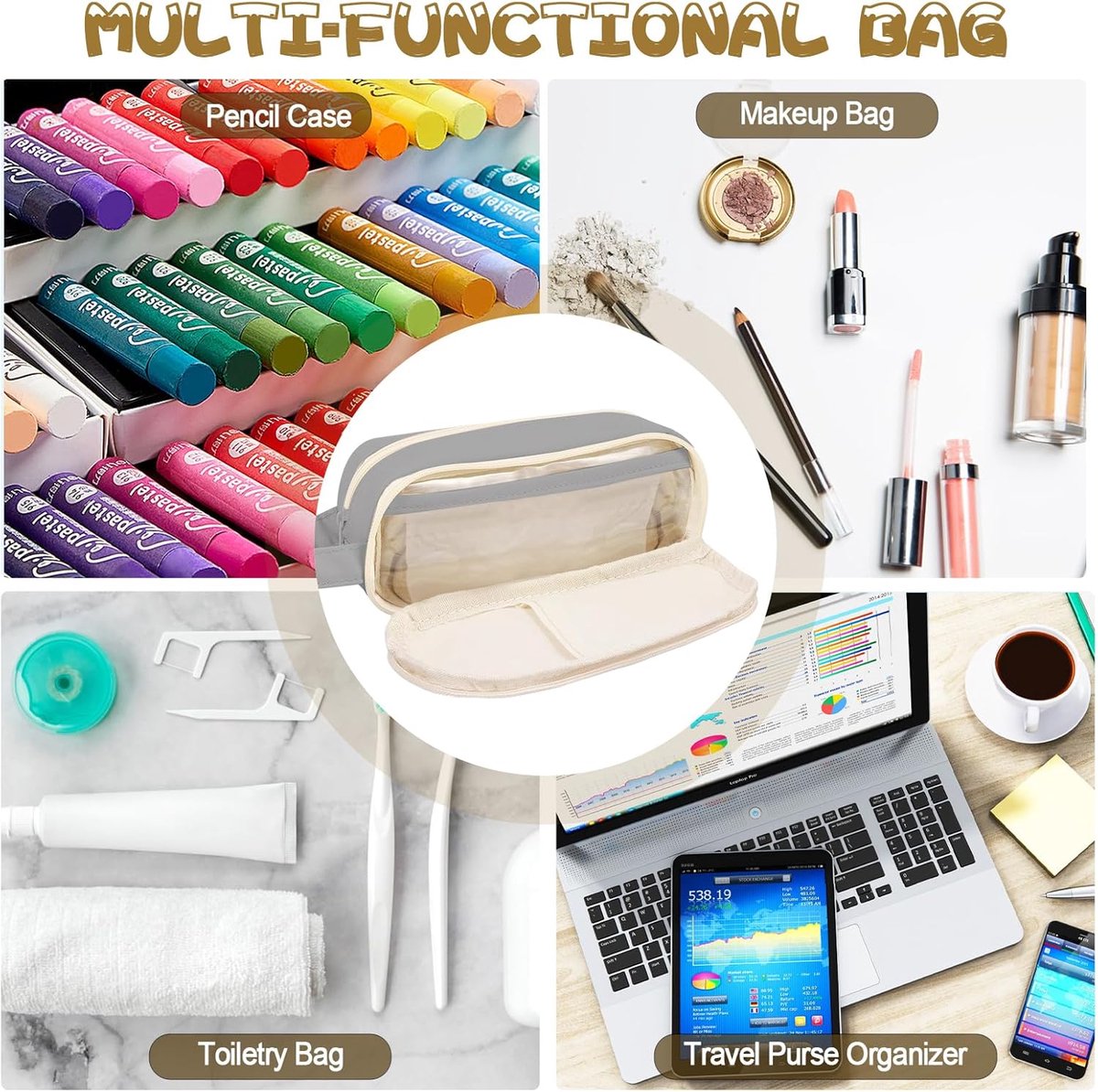 Pencil case, large capacity, suitable for boys and girls, waterproof, expandable, toiletry bag, makeup bag and office supplies, gray