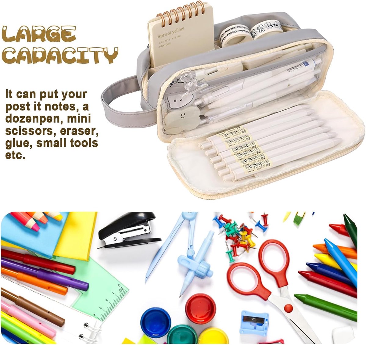 Pencil case, large capacity, suitable for boys and girls, waterproof, expandable, toiletry bag, makeup bag and office supplies, gray