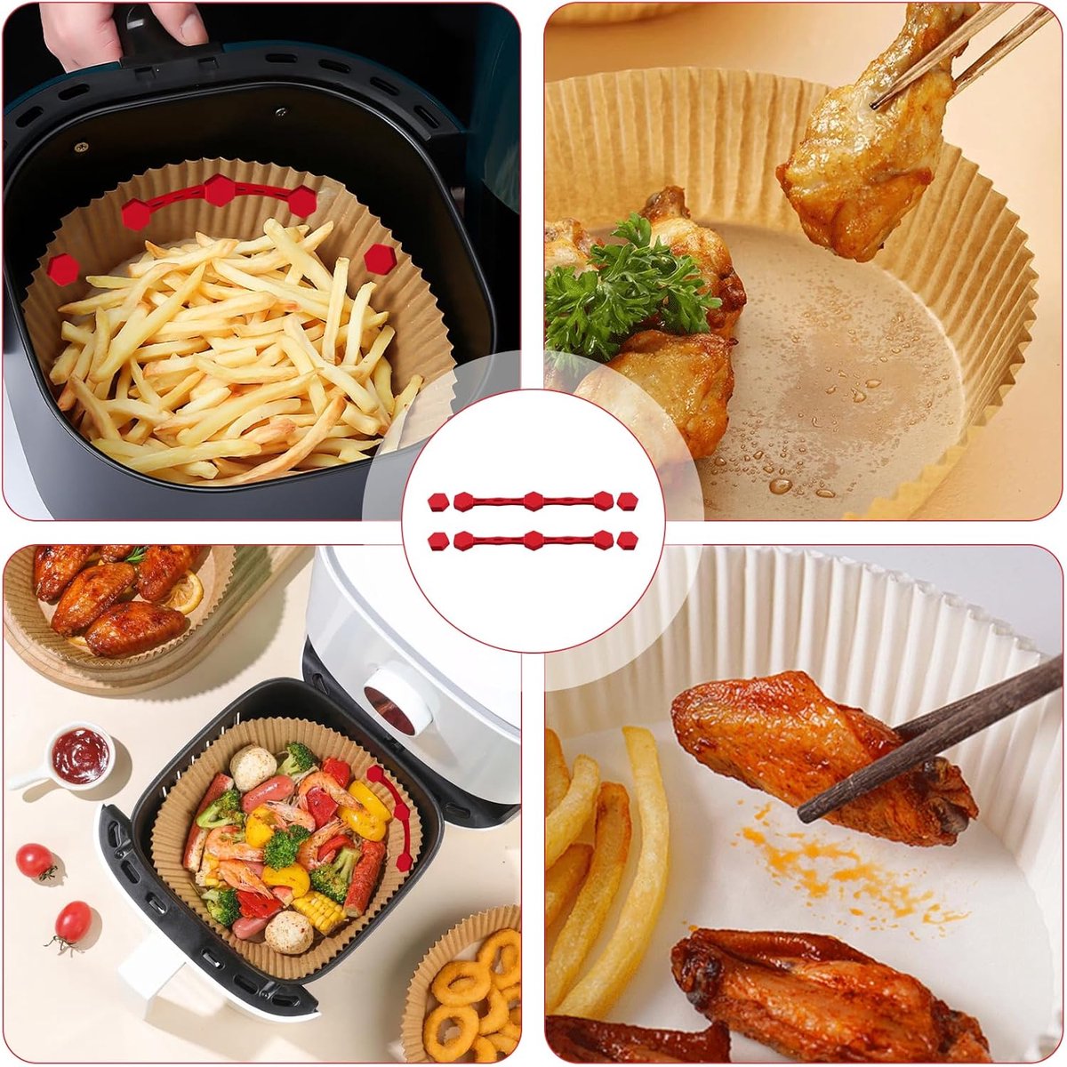 4 Magnetic Silicone Airfryer Loops – Safe for Parchment Paper and Disposable Liners – Magnetic Silicone Airfryer Strips – Ideal for Airfryer Accessories – Prevents Paper from Burning on Contact with the Heating Element – Red
