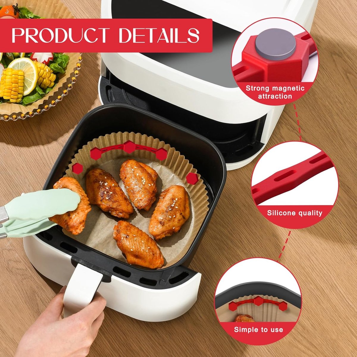 4 Magnetic Silicone Airfryer Loops – Safe for Parchment Paper and Disposable Liners – Magnetic Silicone Airfryer Strips – Ideal for Airfryer Accessories – Prevents Paper from Burning on Contact with the Heating Element – Red