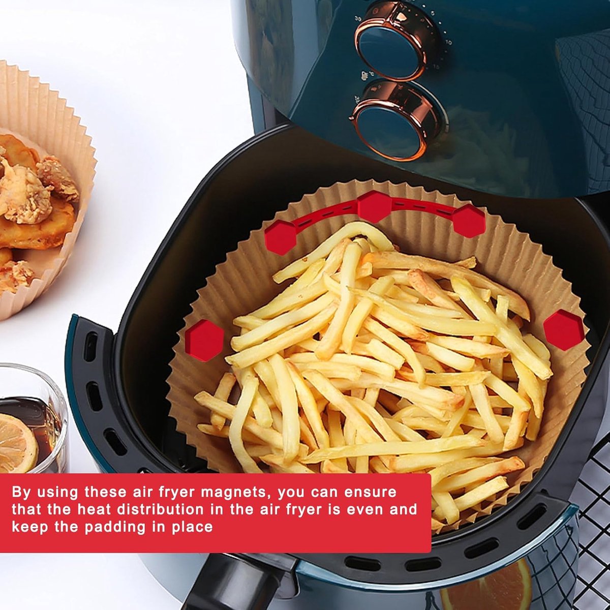 4 Magnetic Silicone Airfryer Loops – Safe for Parchment Paper and Disposable Liners – Magnetic Silicone Airfryer Strips – Ideal for Airfryer Accessories – Prevents Paper from Burning on Contact with the Heating Element – Red