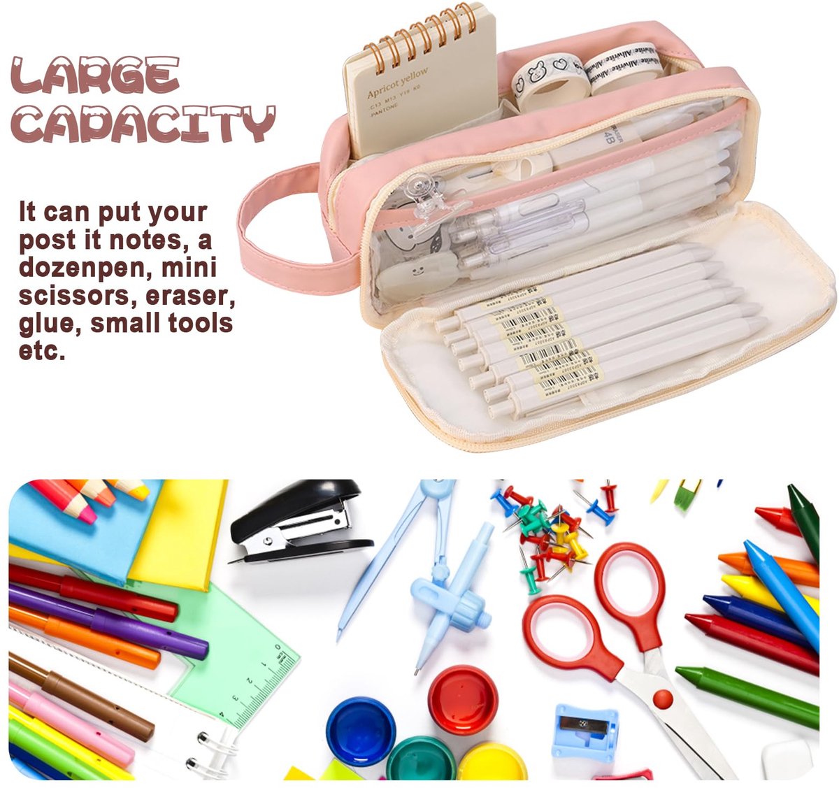 Pencil Case - Large Capacity - Waterproof and Expandable - Pencil Case for Boys and Girls - School Supplies - Suitable for Stationery, Makeup, Cosmetics, Travel, and Office Supplies - Pink